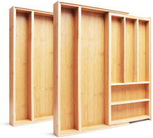 Load image into Gallery viewer, Compartments Bamboo Drawer Organizer - Kitchen Flatware Organizers Silverware Cutlery Tray with Grooved Drawer Dividers for Knives Spoons Forks Kitchen Utensils