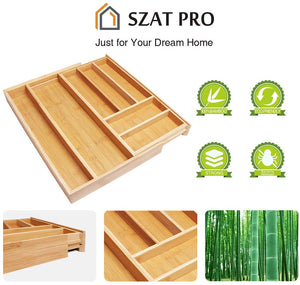 SZAT PRO 5 Compartments Bamboo Drawer Organizer - Kitchen Flatware Organizers Silverware Cutlery Tray with Grooved Drawer Dividers for Knives Spoons Forks Kitchen Utensils
