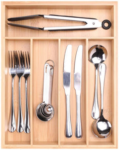 Compartments Bamboo Drawer Organizer - Kitchen Flatware Organizers Silverware Cutlery Tray with Grooved Drawer Dividers for Knives Spoons Forks Kitchen Utensils