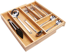 Load image into Gallery viewer, Compartments Bamboo Drawer Organizer - Kitchen Flatware Organizers Silverware Cutlery Tray with Grooved Drawer Dividers for Knives Spoons Forks Kitchen Utensils
