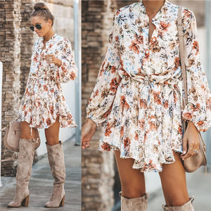 BOHO FLORAL PRINT V-NECK / SLEEVE DRESS