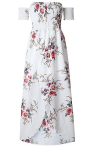 SMOCKED STRAPLESS FLORAL PRINT LONG MAXI DRESS