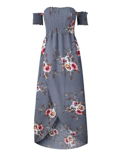 SMOCKED STRAPLESS FLORAL PRINT LONG MAXI DRESS