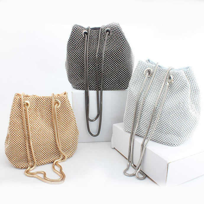 Rhinestone Inlaid Flash Bucket Clutch Bag 