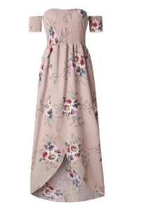 SMOCKED STRAPLESS FLORAL PRINT LONG MAXI DRESS