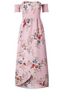 SMOCKED STRAPLESS FLORAL PRINT LONG MAXI DRESS