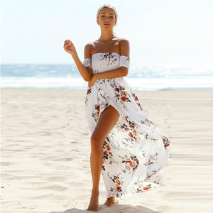 SMOCKED STRAPLESS FLORAL PRINT LONG MAXI DRESS