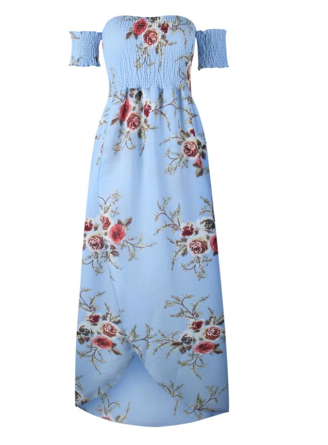 SMOCKED STRAPLESS FLORAL PRINT LONG MAXI DRESS